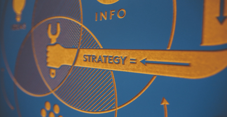 A graphic that shows a flowchart of info being visually turned into a strategy