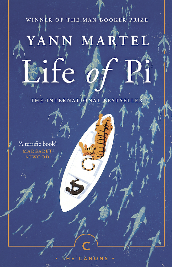 Book cover of the LIfe of Pi showing a man and tiger in a kayak on a blue sea