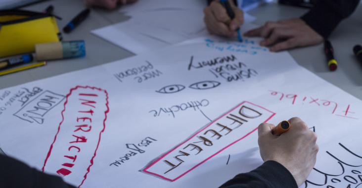 Image shows a group of individuals brainstorming ideas and writing words on white paper in markers.